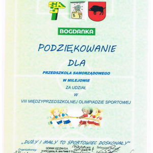 Podziękowanie  dla Przedszkola Samorządowego w Milejowie za udział w VIII Międzyprzedszkolnej Olimpiadzie Sportowej „Duży i mały to sportowiec doskonały”  04 czerwca 2022r.