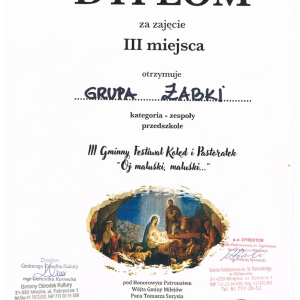 Dyplom za zajęcie III miejsca dla grupy ŻABKI w III Gminnym Festiwalu Kolęd i Pastorałek 23 stycznia 2024r.