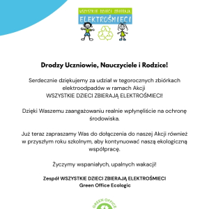Podziękowanie za udziała w akcji "Wszystkie dzieci zbierają elektrośmieci"