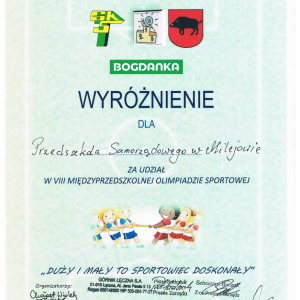 Wyróżnienie dla Przedszkola Samorządowego w Milejowie za udział w VIII Międzyprzedszkolnej Olimpiadzie Sportowej „Duży i mały to sportowiec doskonały” 