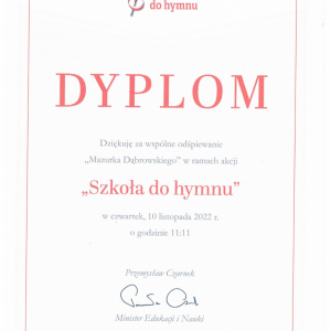 Szkoła do hymnu - dyplom 2022r.