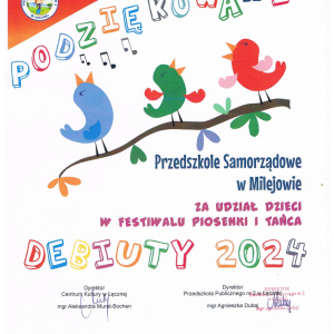 Podziękowanie  za udział Dzieci w Festiwalu - Debiuty 2024